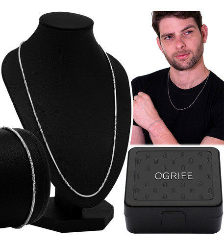 Conjunto Corrente Masculina Fina 1.2mm Prata Cj-175 Aço Inox