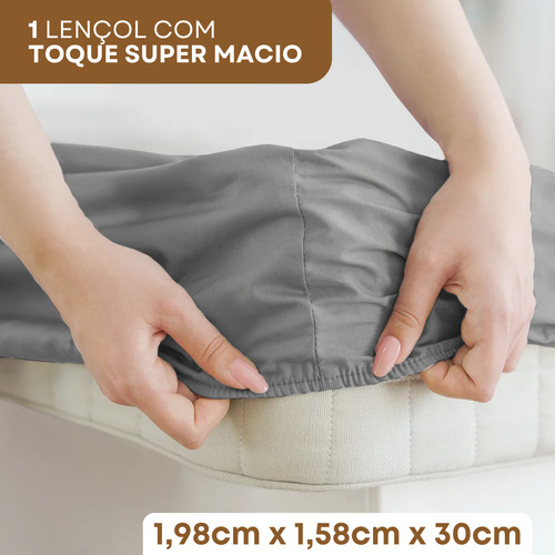 Lençol Queen Padrão C/ Elástico 3 Peças 400 Fios Percal Fronha Ponto Palito Toque Macio Premium Cor Cinza
