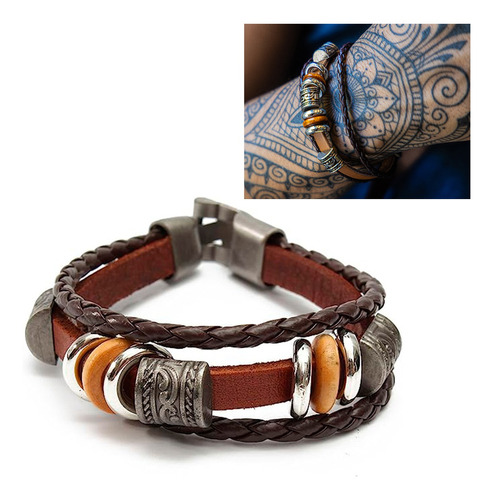 Pulsera Cafe En Cuero Hombre Mujer Trenzada Acero