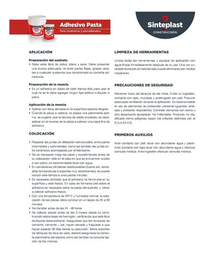 Imagen 3 de 7 de Adhesivo Pasta Cerámicos Porcellanatos 25kg Sinteplast