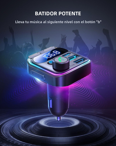 Transmisor FM Bluetooth 5.3 para Auto con Adaptador Bluetooth PD 48W - Carga Ultra Rápida QC3.0, Micrófonos Dobles con Reducción de Ruido, Salida AUX HiFi Estéreo