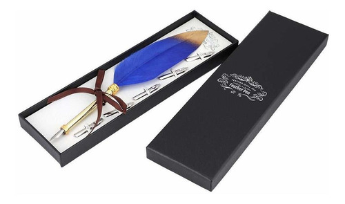 Juego Boligrafo Pluma Retro Clasico Estuche Para Azul