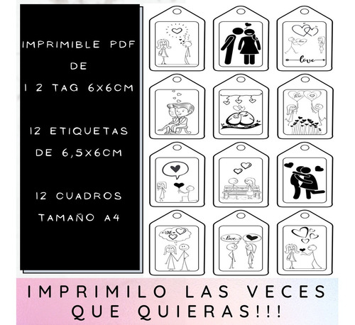 Imagen 2 de 5 de Kit Imprimible 01 San Valentín B N Tag Etiquetas Cuadros A4