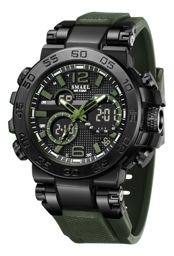 Reloj De Pulsera Digital Smael 8106 Para Hombre, Deportivo, Correa Verde Del Ejército Bisel Negro Fondo Verde Del Ejército