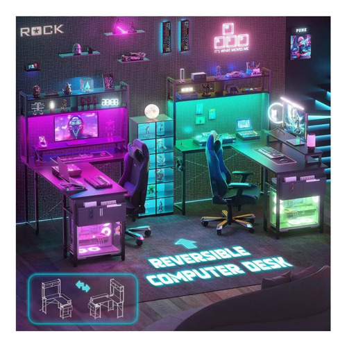 Escritorio De Computadora Reversible En L Con Carga Usb Led