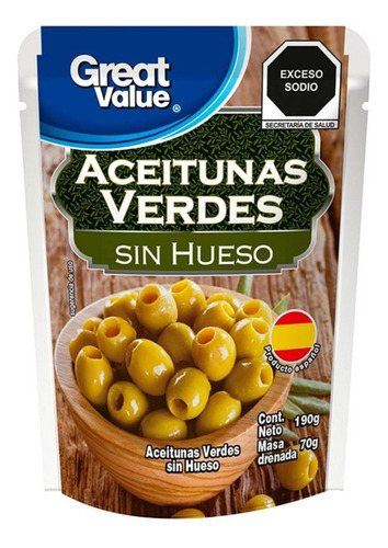 10 Pza Aceitunas Verdes Great Value Sin Hueso 190 G