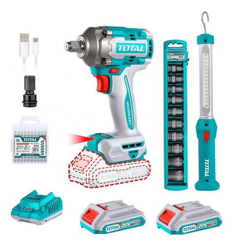 Kit Llave De Impacto 20v + Dados Y Puntas+ Lampara Led Total