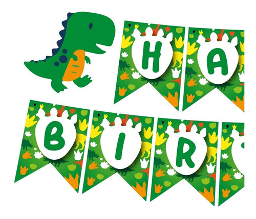 Imagen 2 de 4 de Banderín Feliz Cumpleaños-banderín Dinosaurio-banner Cumple