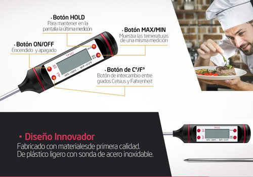 Imagen 5 de 8 de Termometro Digital Cocina 4 Botones Pincha Carne Liquidos