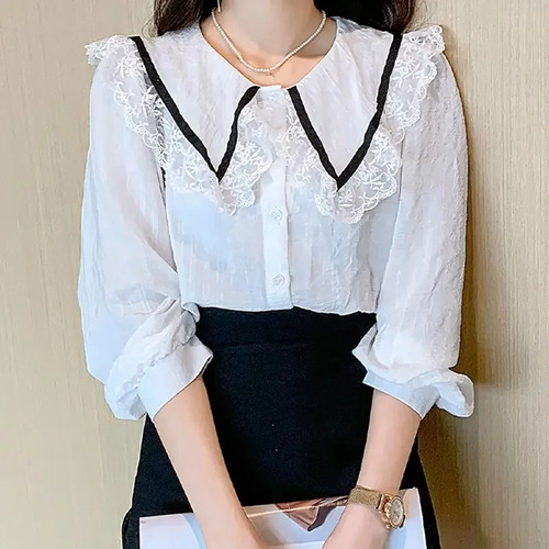 Camisa Base De Manga Larga Con Cuello Peter Pan Para Mujer