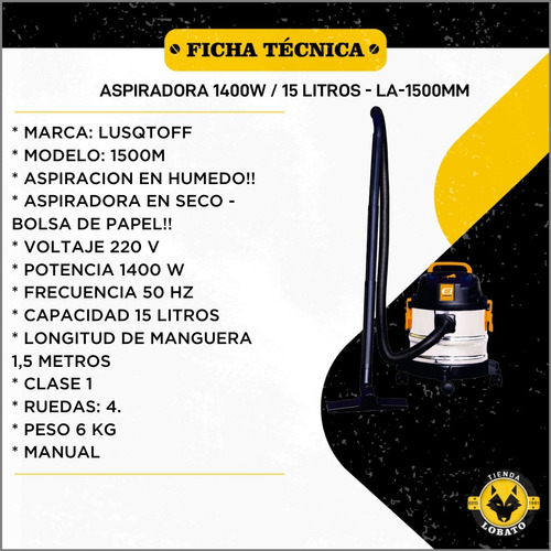 Imagen 6 de 10 de Aspiradora Lüsqtoff La-1500mm 15l Acero Inoxidable 220v 50hz