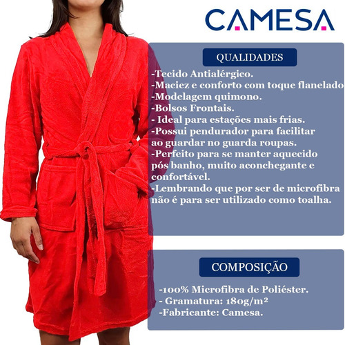 Imagem 3 de 9 de Roupão Microfibra Camesa Inverno Frio Unissex Cores Original