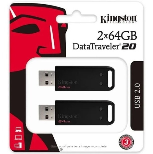 Pendrive Kingston 64gb 2.0 Com 2 Unidades Original