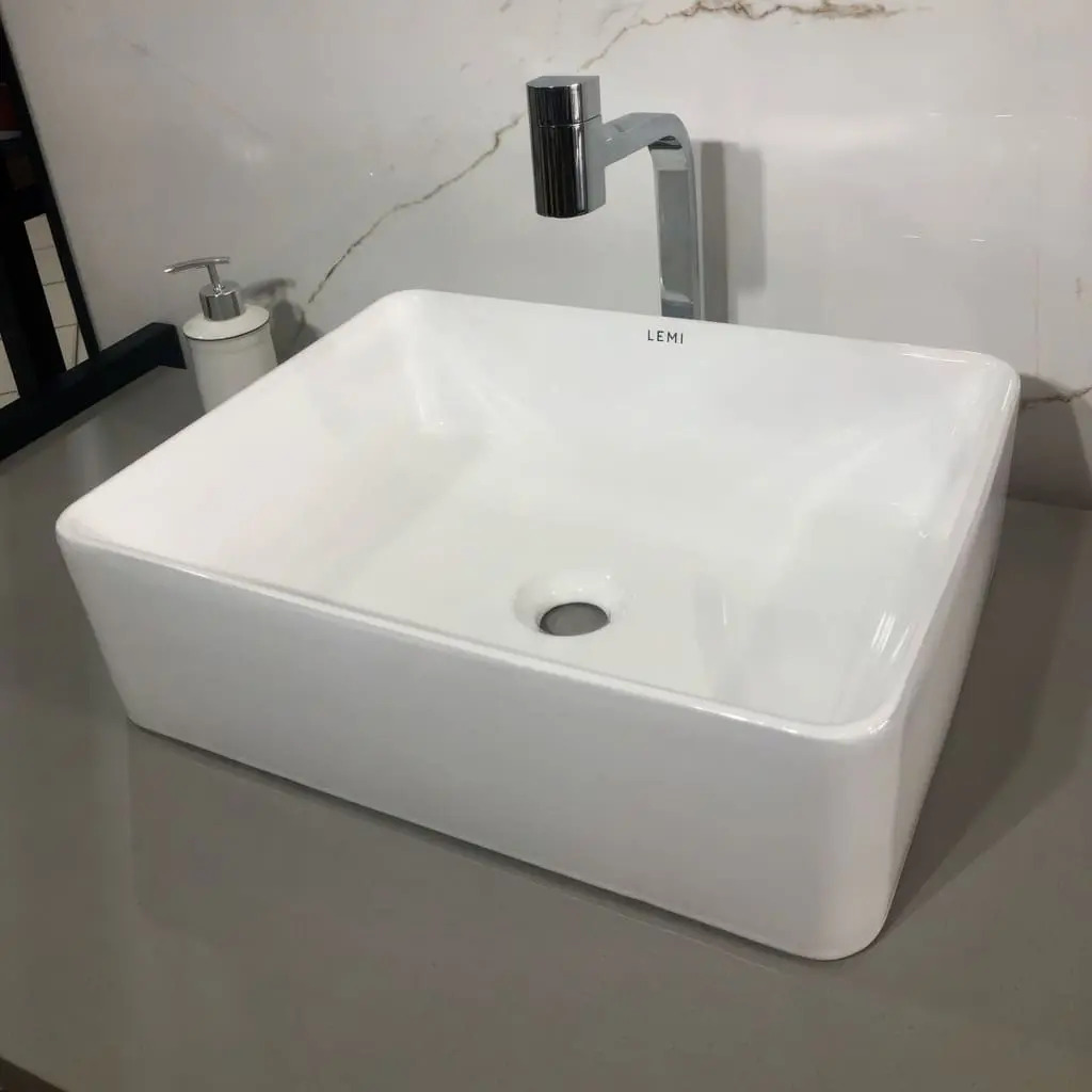 Cuba Para Banheiro Louça Sobrepor Retangular Apoio 40cm Lemi Branco Brilhante