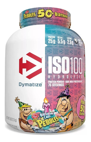 Suero Dymatize Iso 100 de 2,3 kg, 100% aislado e hidrolizado, sabor 5 libras, tarta de cumpleaños, guijarros