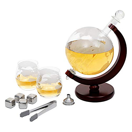 Whiskey Decanter Set, Etched World Globe, Crafted Glass...