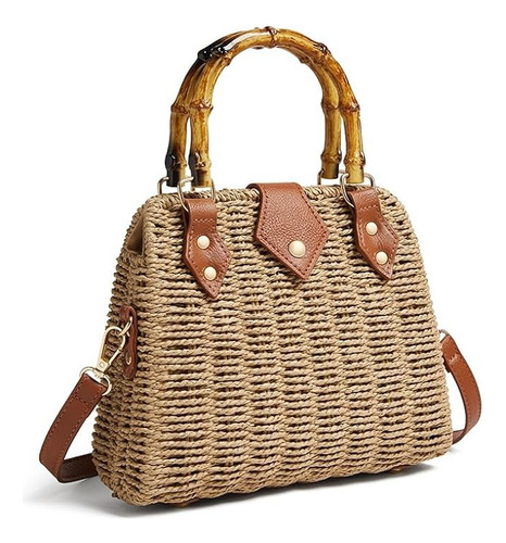 Bolso De Mano De Paja Tejida Con Asa De BambĂș, Correa Cruzad