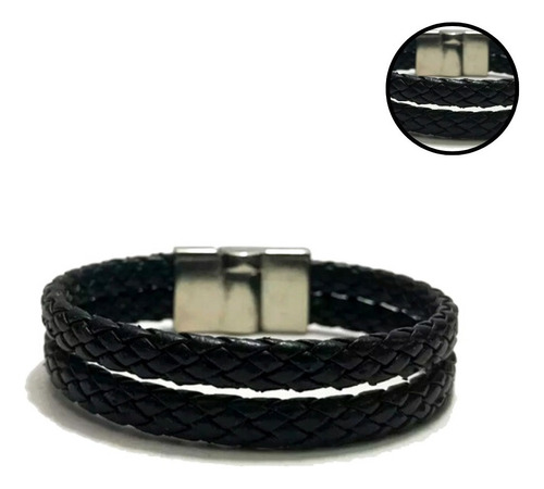 Pulseira Masculina Couro Preto Trança Social 2 Trança Imã Comprimento 19 Cm Diâmetro 3 Cm