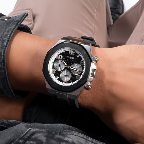 Pulseira masculina original da Guess, cor preta/prata