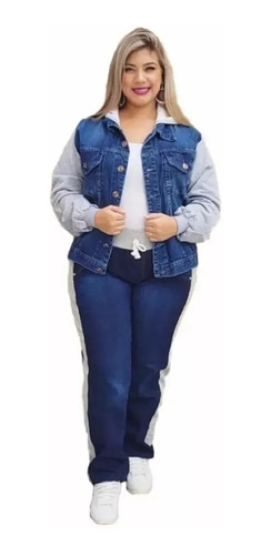 Conjunto Jaqueta Jeans + Calça Jeans Com Moletom E Capuz