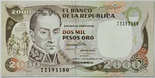Billete 2000 Pesos 17/dic/1990 Colombia Au