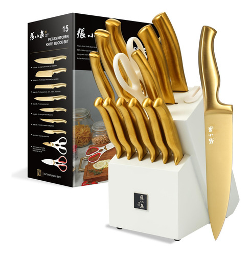 Juego Cuchillos Dorados 15 Piezas Acero Inoxidable En Bloque
