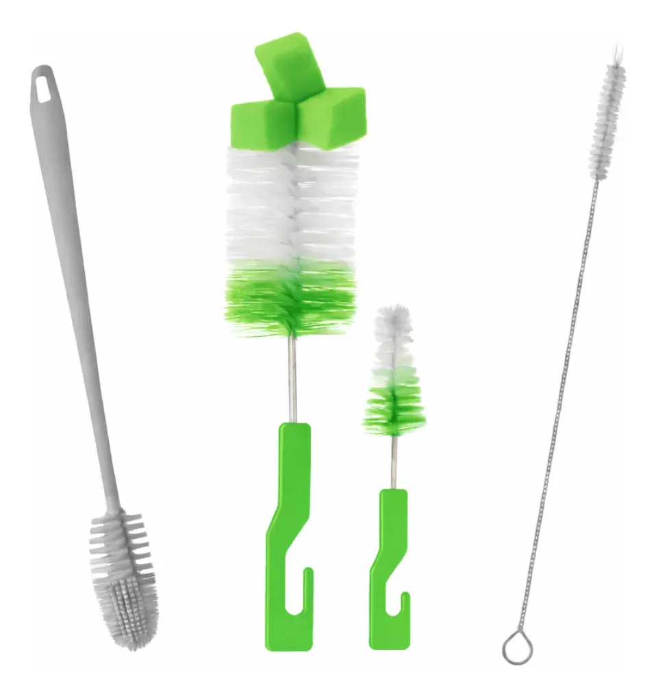 Kit 4 Escovas Para Lavar Mamadeira Copo Canudo Garrafa Verde
