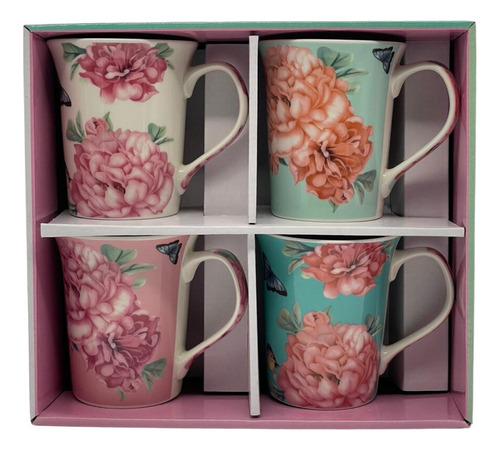 Set De 4 Tazas Diseño Flores Rosas