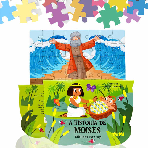 Kit Livro Infantil História De Moisés Em 3d Pop-up + Quebra-cabeça Bíblia Infantil Leia E Divirta-se 3 A 12 Anos