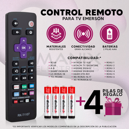 Control Compatible Con LG Tcl R0ku-t1107a Philps Hitachi Haie Incluye 4 Pilas Divitech® AAA