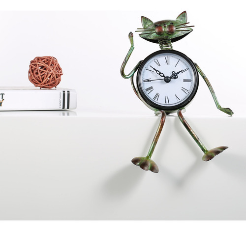 Reloj De Mesa Mudo Hecho A Mano Con Figura De Gato De Metal