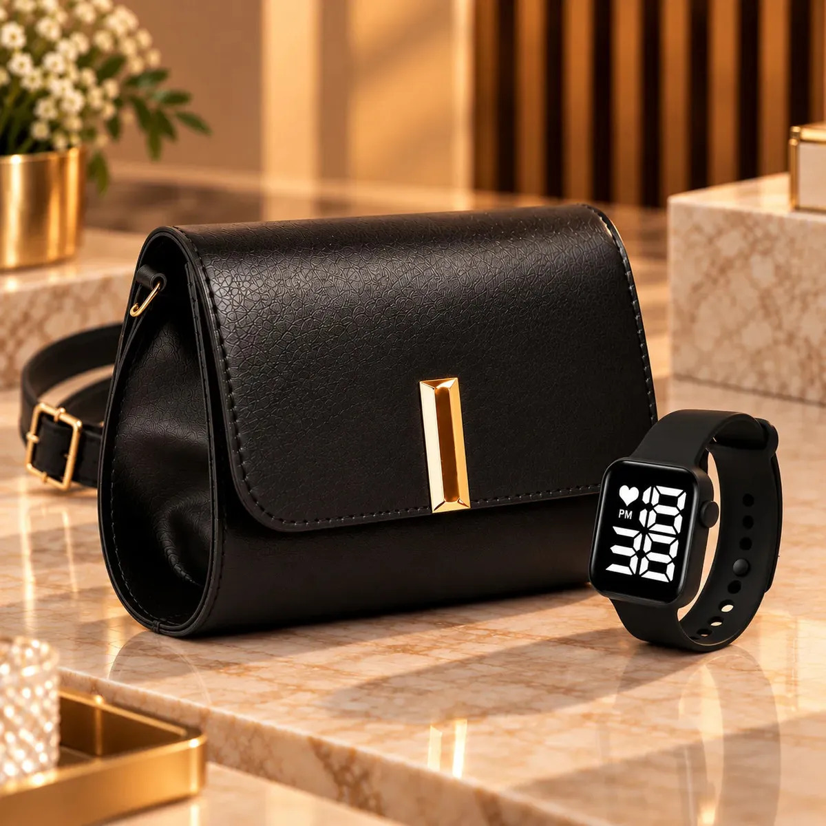 Bolsa Feminina Sintetico Transversal+ Relógio Digital Preto Preto