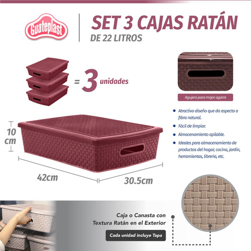 Set De 3 Cestas Plásticas Rectangulares 12 Litros Color Vino