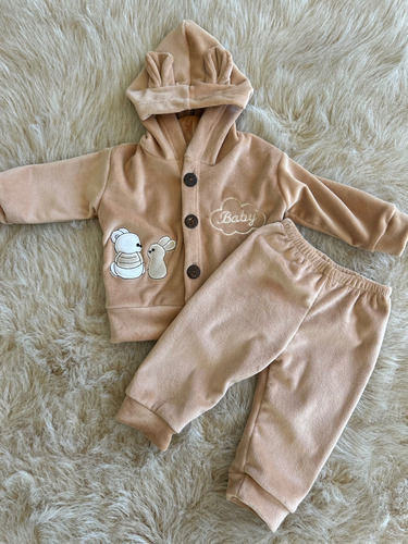 Conjunto Plush Campera Con Capucha Y Pantalon Bebe Invierno Marrón Claro 9-12 M