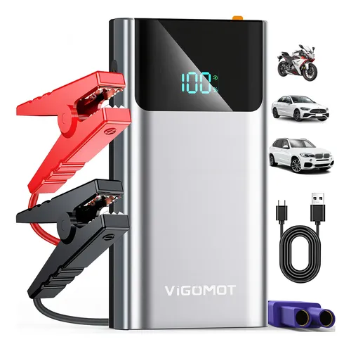 Auxiliar de partida Vigomot prateado com display digital, cabos de conexão vermelhos e pretos, cabo USB e ícones de carro e moto ao lado.
