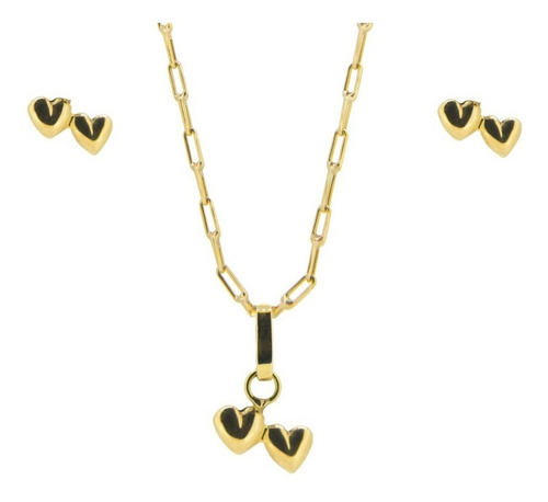 Imagen 1 de 1 de Conjunto De Cadena Con Colgante Y Aros De Dos Corazones