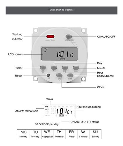 Interruptor Temporizador Cn101a, 12 V, 7 Días A La Semana, P