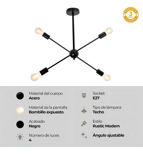 Lámpara Colgante Araña Lumimexico 22736-2 Negro 60w E27 4 Luces