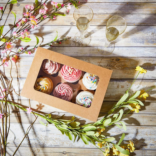 Caja Cupcake Kraft 6 Inserto Ventana Para Boda Cumpleaño (