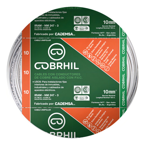 Cable Unipolar Normalizado Cobrhil 1x10mm² Rollo 25 Mts Cubierta Blanco