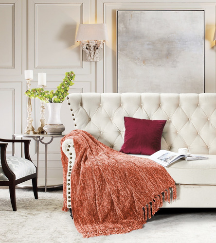 Imagen 3 de 3 de Pie De Cama Manta Tejida Chenille Importada - Usa - Coral