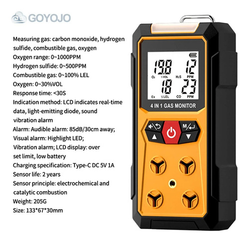 Detector De Fugas 4 En 1 H2s, Ex, O2, Co For Seguridad Hogar
