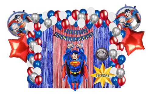 Kit De Decoracion Fiesta Cumpleaños Globos Superman 79 Pzs