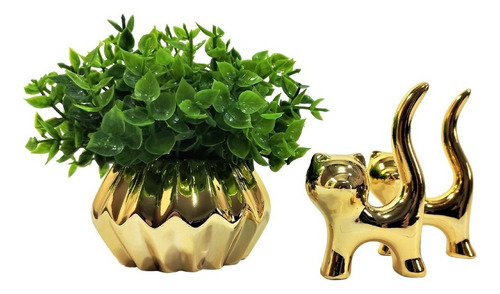 Conjunto Decoração Vasinho Cachepo E 2 Gatinhos Dourados Cor Dourado