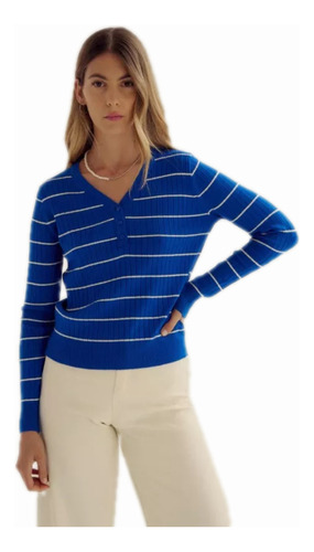 Sweater Rayado Escote V Con Botones *loise* Bremer Mujer