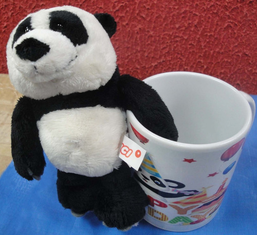 Presente Caneca + Urso Panda 15cm Pelúcia Feliz Aniversário