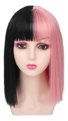 Dai Pelucas Corte Bob Rosa Y Negro Con Flequillo Para Mujer