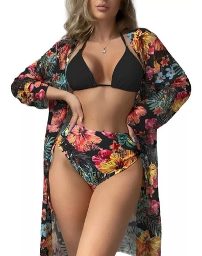 Traje De Baño Mujer 2 Piezas + Kimono Bikini Mujer Tropical,