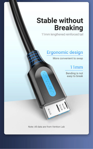 Cable USB 3.0 Micro B Vention - USB A USB Micro B - 1 Metro - 5 Gbps 2a - Premium blindado reforzado - Color Negro PVC - Para Disco Rigido / Carry Disk / PC Notebook / Camara / Tablet - COPBF