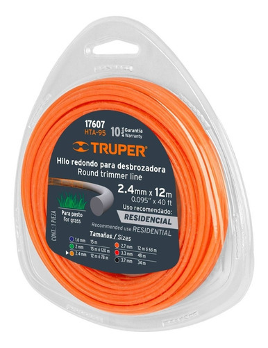 Rollo De Hilo Para Desbrozadora, 2.4 Mm X 12 M, Truper Color Naranja